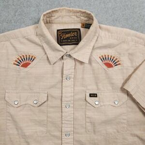 Howler Bros Shirt Medium Tan Gaucho Pearl Snap Rising Sun Southwestern Aztec